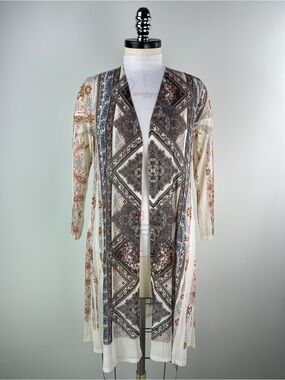 💚 3554. Lightweight Mesh Paisley & Medallion Open Front Cardigan - Cream, Brown